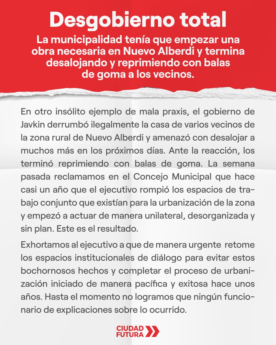 Desgobierno total: la municipalidad tenía que empezar una obra necesaria en Nuevo Alberdi y termina desalojando y reprimiendo con balas de goma. El gobierno de Javkin derrumbó ilegalmente la casa de varios vecinos y amenazó con desalojar a muchos más en los próximos días 👇🏼