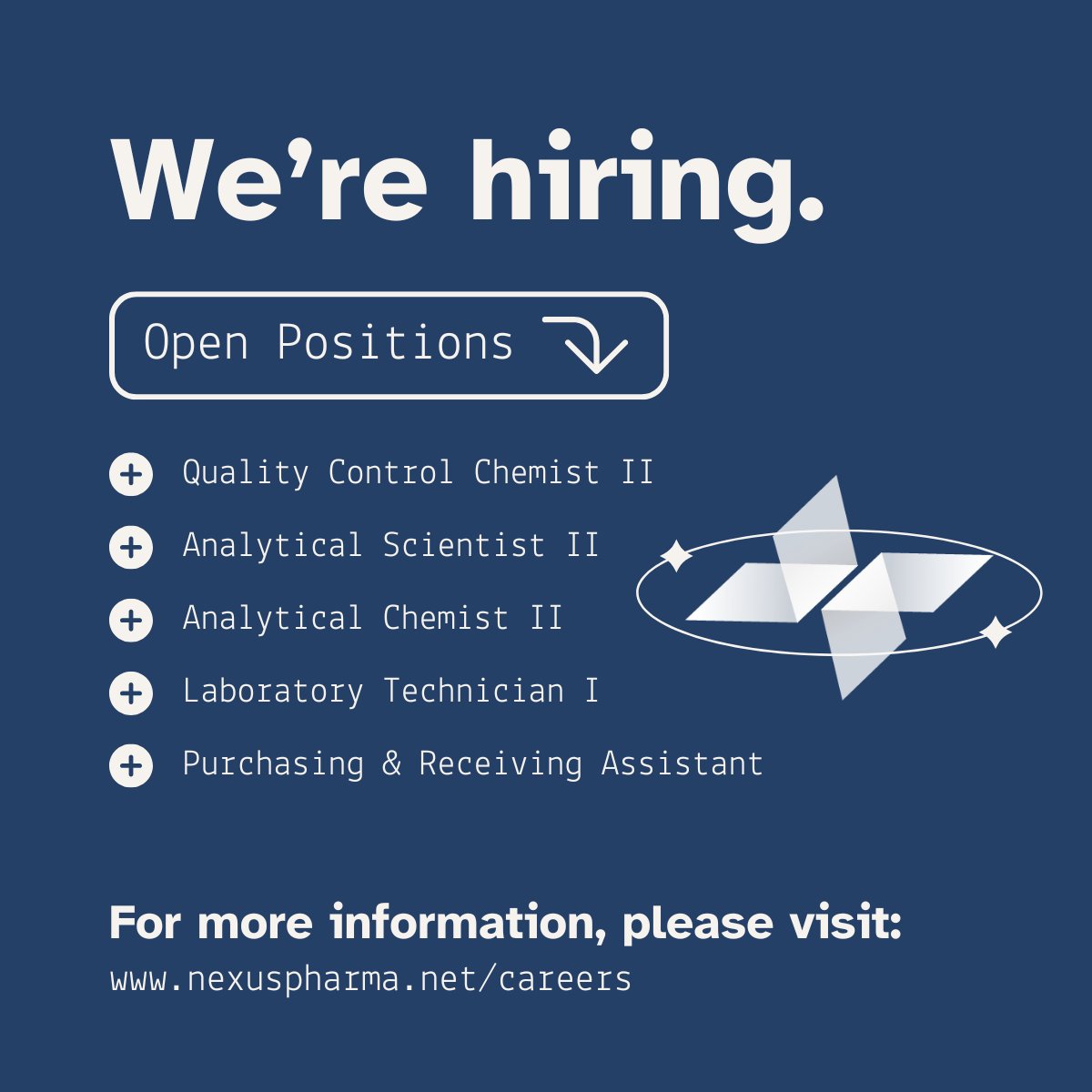 NexusPharmaLLC's tweet photo. Become a part of the Nexus family! We're on the lookout for talented individuals to fill a variety of exciting roles. Learn more about these opportunities at https://t.co/LFf3ArZQAn.

#NexusPharmaceuticals #Hiring https://t.co/kMTrgqBTdd