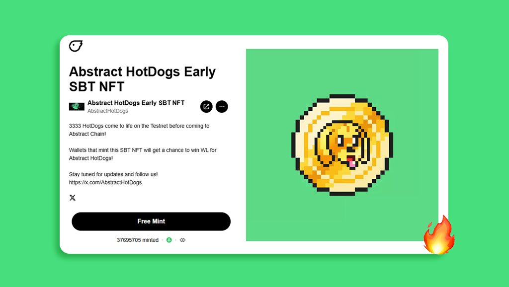 HotDogs 🌭✳️ (@abstracthotdogs) on Twitter photo Abstract HotDogs Early SBT NFT reached 37 million mints on the Testnet via <a href="/FreeeAbstract/">Freee on Abstract</a>
woof woof!
🐶🌭 Abstract HotDogs Early SBT NFT reached 37 million mints on the Testnet via <a href="/FreeeAbstract/">Freee on Abstract</a>
woof woof!
🐶🌭