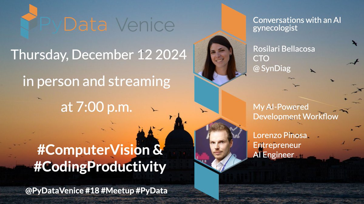 PydataVenice's tweet image. Next #meetup #online:
3-5/12 @PyDataGlobal #2024 #VirtualConference by @PyData lu.ma/zxnxgl5vevents…
5-6/12 Impact Scholarship Program by #PyData pydata.org/global2024/imp…
11/12 #AIHeroes aiheroes.it/2024/
12/12 19:00 #PyDataVE #18 - #ML & #GenAI
meetup.com/pydata-venice/…
