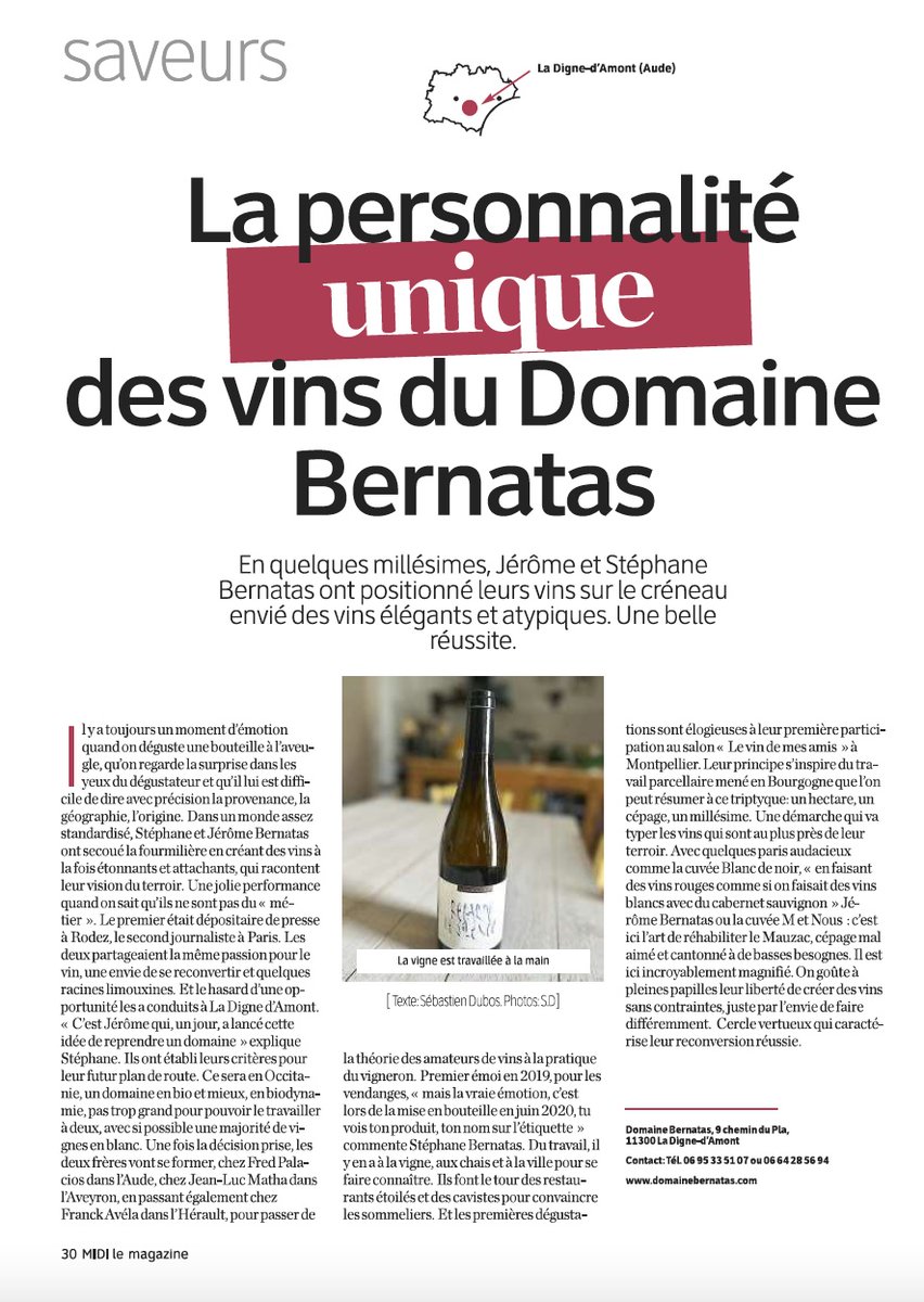 jbernatas's tweet photo. Un grand merci @Sd47Dubos pour son article qui souligne la forte identité de nos vins. A lire dans Midi, le supplément de @ladepechedumidi @l_independant @midilibre #domainebernatas #limoux #languedocwines #vin #wine #winelovers #winesofnature #biodynamie #biodynamic https://t.co/x9bYYQYdbP