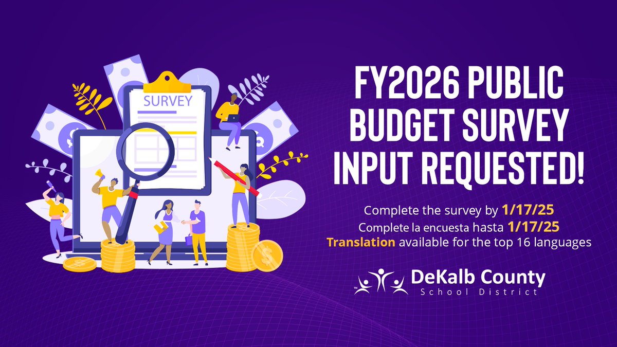 📣 FY2026 Budget Survey – We Need Your Input!

Help #DCSD align our budget priorities with your needs. Take a quick survey to share your thoughts!

🔗 Survey link: bit.ly/3YOM1AL
🗓️ Deadline: Jan 17, 2025

#DCSDMIRACLESinAction #TheDeKalbDifference💙🧡