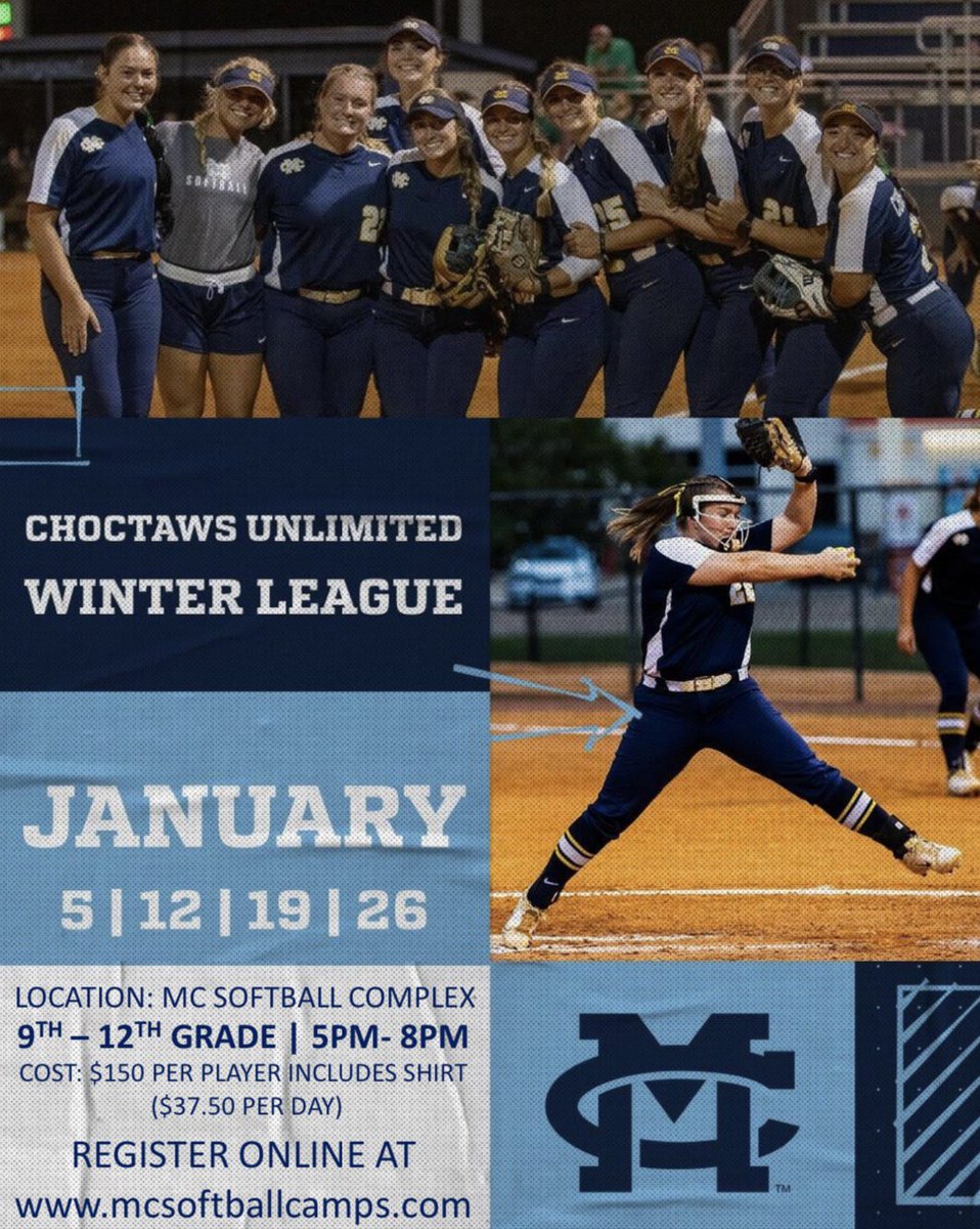 Mississippi College Softball🥎 (@gochoctaws_sb) on Twitter photo 🌟 IT’S CAMP TIME 🌟
👑 Choctaws Unlimited Winter League 👑
📍 MC Softball Complex
🗓️ January 5, 12, 19, 26
🔥 ONLY 46 SPOTS LEFT! 🔥
📲 Sign up NOW at mcsoftballcamps.com or email lstreetman@mc.edu.
🚨 Don’t wait – these spots won’t last long! 🚨 🌟 IT’S CAMP TIME 🌟
👑 Choctaws Unlimited Winter League 👑
📍 MC Softball Complex
🗓️ January 5, 12, 19, 26
🔥 ONLY 46 SPOTS LEFT! 🔥
📲 Sign up NOW at mcsoftballcamps.com or email lstreetman@mc.edu.
🚨 Don’t wait – these spots won’t last long! 🚨
