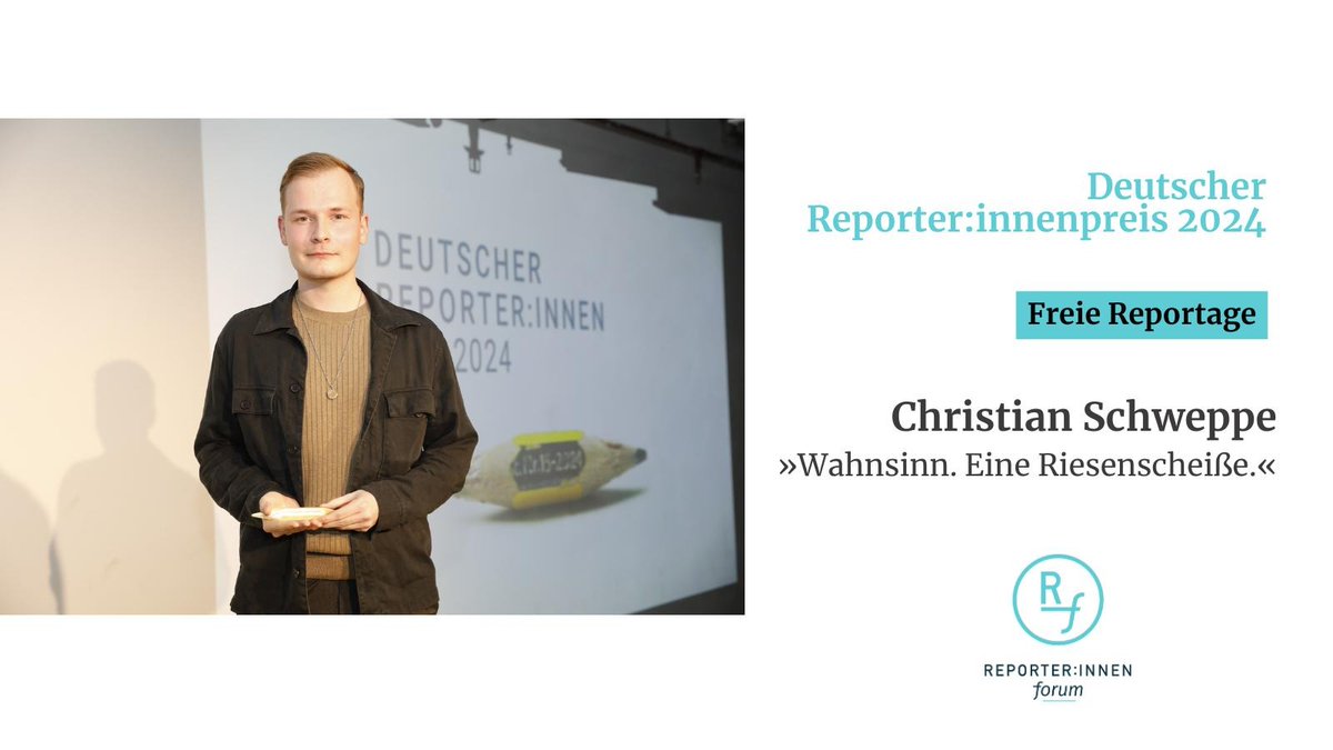 Reporter:innen-Forum (@reporterforum) on Twitter photo Den #ReporterInnenpreis für die beste freie Reportage gewinnt <a href="/ChSchweppe/">Christian Schweppe</a> mit dem Text “Wahnsinn. Eine Riesenscheiße.” über den Abzug der Bundeswehr aus Afghanistan.
Hier geht es zum Artikel 👉
reporterpreis.de/upload/rp-2024… Den #ReporterInnenpreis für die beste freie Reportage gewinnt <a href="/ChSchweppe/">Christian Schweppe</a> mit dem Text “Wahnsinn. Eine Riesenscheiße.” über den Abzug der Bundeswehr aus Afghanistan.
Hier geht es zum Artikel 👉
reporterpreis.de/upload/rp-2024…