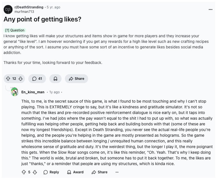 MisterFaulkner's tweet image. This comment perfectly expresses what I love about how generosity and selflessness has been gamified in #DeathStranding