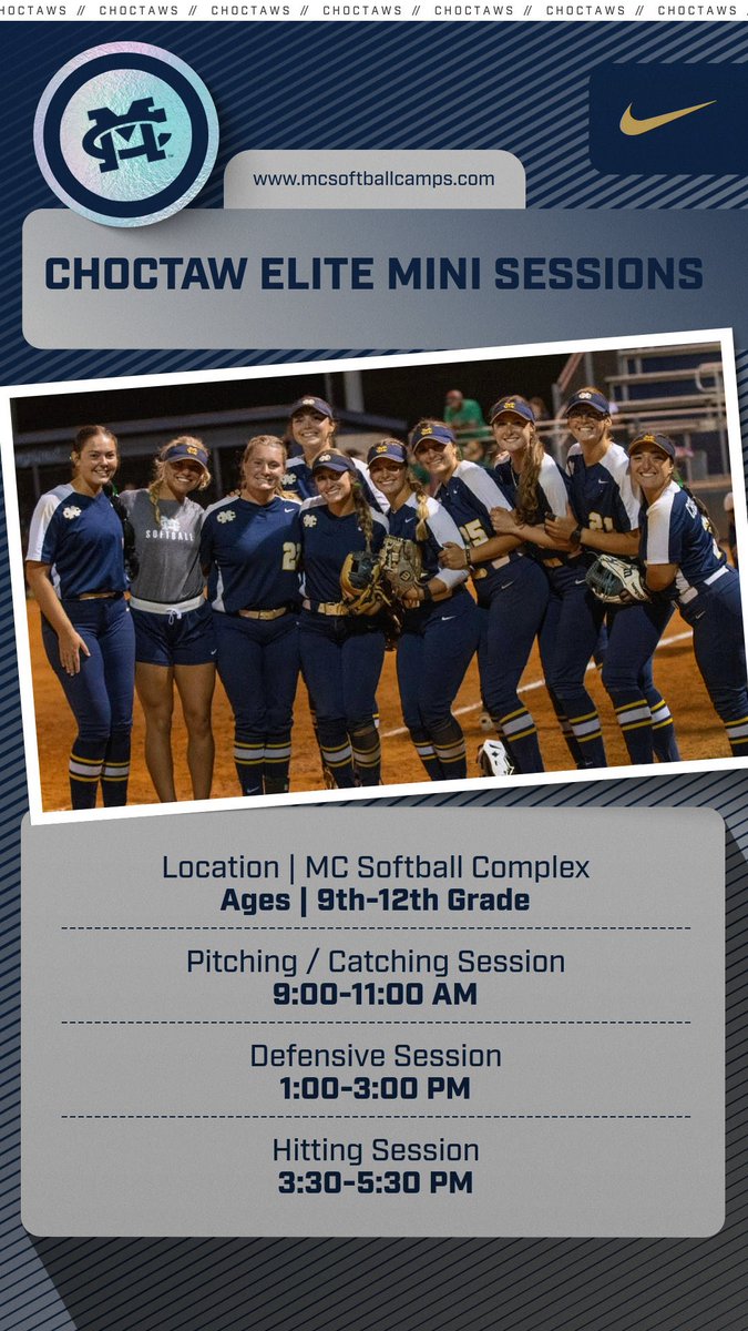Mississippi College Softball🥎 (@gochoctaws_sb) on Twitter photo 🥎 IT’S CAMP TIME 🥎
📍 MC Softball Complex
🗓️ January 20, 2025
✨ $65/ SESSION
OR
✨ ALL SESSIONS = $120 ✨
Come train with MC Softball Coaches & Players!
📲 Sign up NOW at mcsoftballcamps.com or email lstreetman@mc.edu!
Let’s get after it, future Choctaws! 💪🏻 🥎 IT’S CAMP TIME 🥎
📍 MC Softball Complex
🗓️ January 20, 2025
✨ $65/ SESSION
OR
✨ ALL SESSIONS = $120 ✨
Come train with MC Softball Coaches & Players!
📲 Sign up NOW at mcsoftballcamps.com or email lstreetman@mc.edu!
Let’s get after it, future Choctaws! 💪🏻