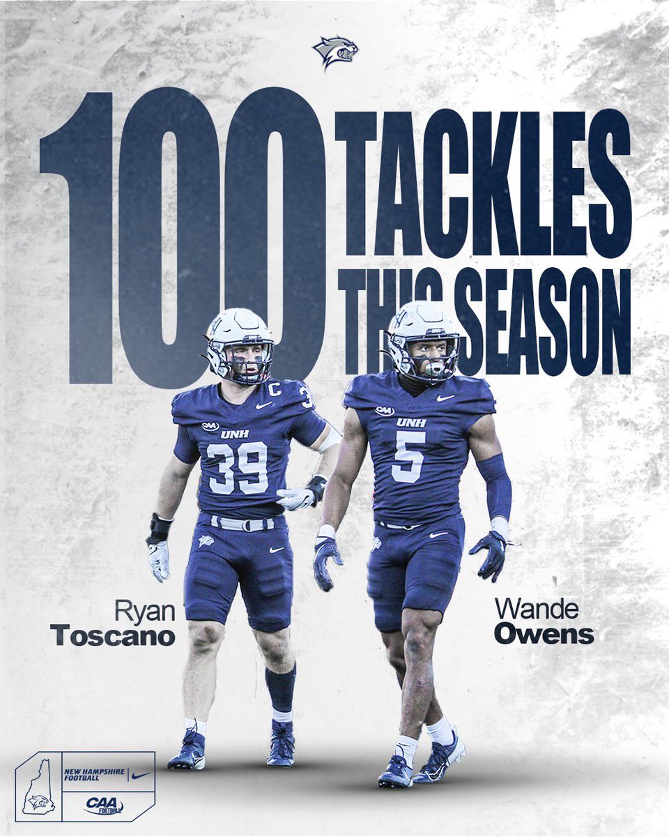 UNH_Football's tweet image. Two 1️⃣0️⃣0️⃣➕ Tacklers on the SZN‼️

@rtoscano39 @wande_owens 

#CAT25TRONG | #BuiltEachDay