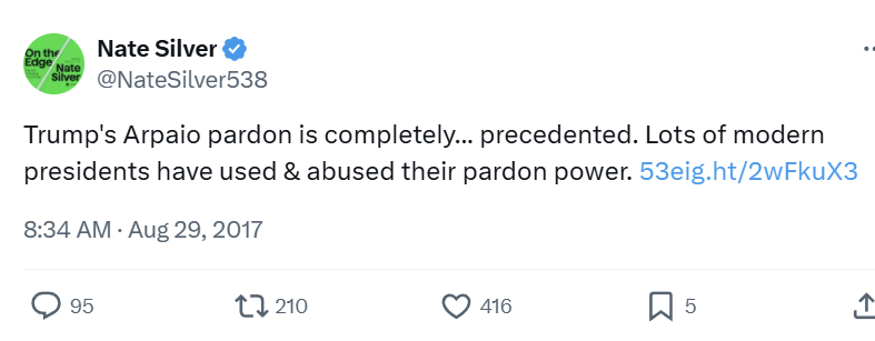 Wilson__Valdez's tweet photo. When Trump pardons the guy who did massive racial profiling/numerous civil rights violations: Totally normal, precedented stuff. Yawn.

vs

When Joe Biden pardons his son of lying on a gun form:
*slamming my fists against the table, sweating profusely*

This. Will. NOT. Stand! https://t.co/r4HDWBLtyr