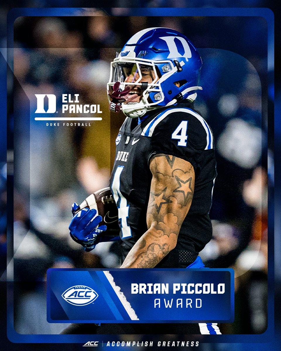 ACC Football (@accfootball) on Twitter photo The 2024 Brian Piccolo Award for the Most Courageous football player in the ACC goes to <a href="/DukeFOOTBALL/">Duke Football</a> WR - Eli Pancol. 🏈 The 2024 Brian Piccolo Award for the Most Courageous football player in the ACC goes to <a href="/DukeFOOTBALL/">Duke Football</a> WR - Eli Pancol. 🏈