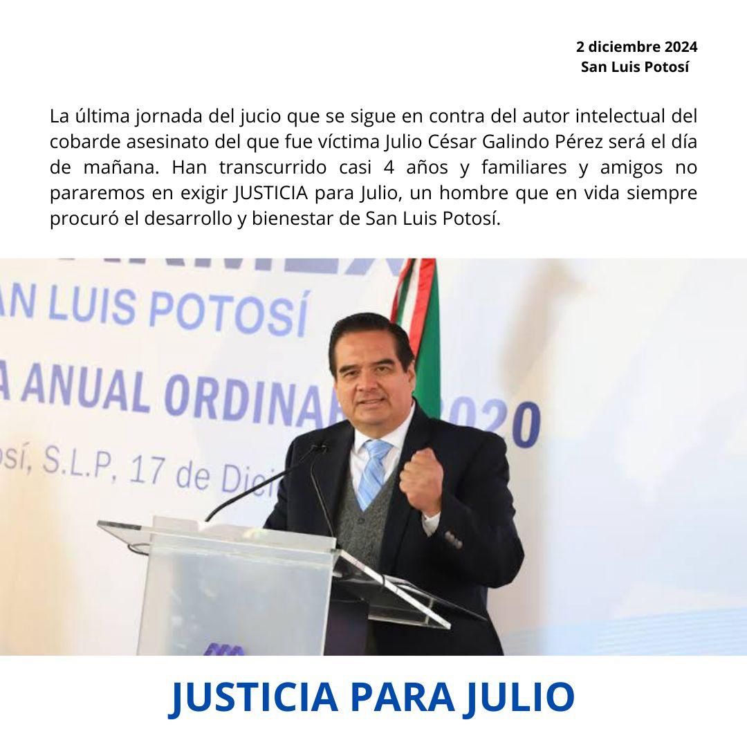 🕊️ JUSTICIA PARA JULIO 🕊️
Hoy, en CANACO SERVYTUR SLP, alzamos la voz por la memoria de Julio César Galindo Pérez, un hombre que dedicó su vida al desarrollo y bienestar de San Luis Potosí.

A casi 4 años de su partida, seguimos exigiendo que se haga justicia.