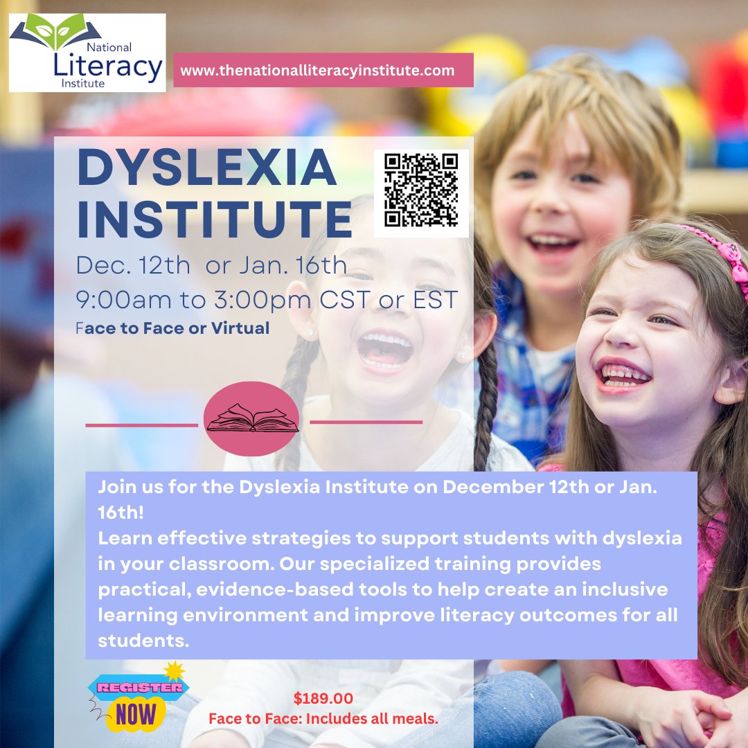 📢 Join the Dyslexia Institute and empower your teaching! 🌟
🗓 Dates: Dec. 12 &amp; Jan. 16
📍 Face-to-Face or Virtual
💲 Cost: $189
Learn strategies to support dyslexic learners and make a difference in their literacy journey! 📚✏️
#DyslexiaAwareness #TeacherPD #LiteracyMatters