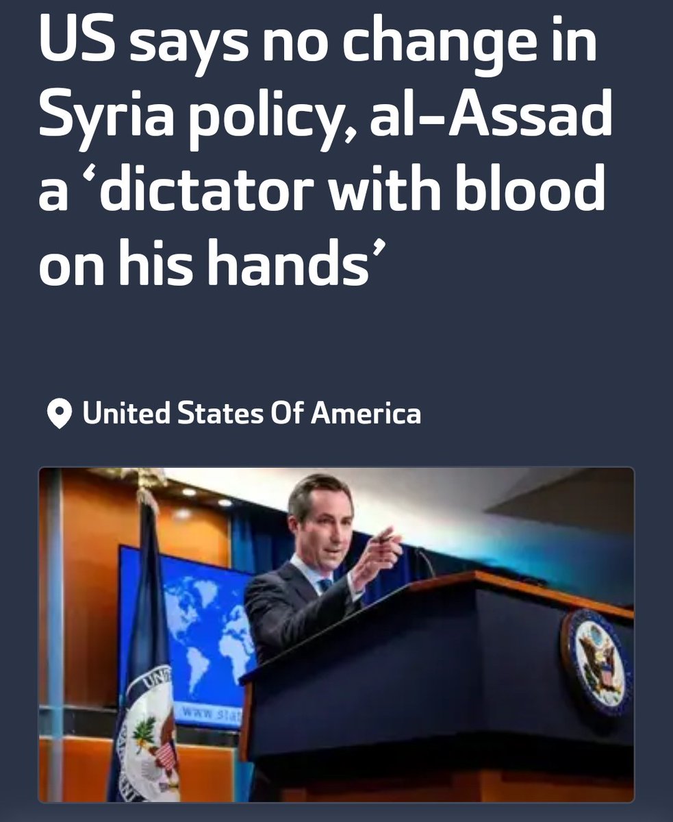 hornafrica12475's tweet photo. The #Biden_administration said #US policy on #Syria had not changed.

“Nothing has changed with respect to our #policy on [Syria’s President #Bashar_al_Assad. He’s a #dictator with blood on his hands,” #State_Department #Spokesman #Matt_Miller told #reporters. https://t.co/5pBRKWZFEI