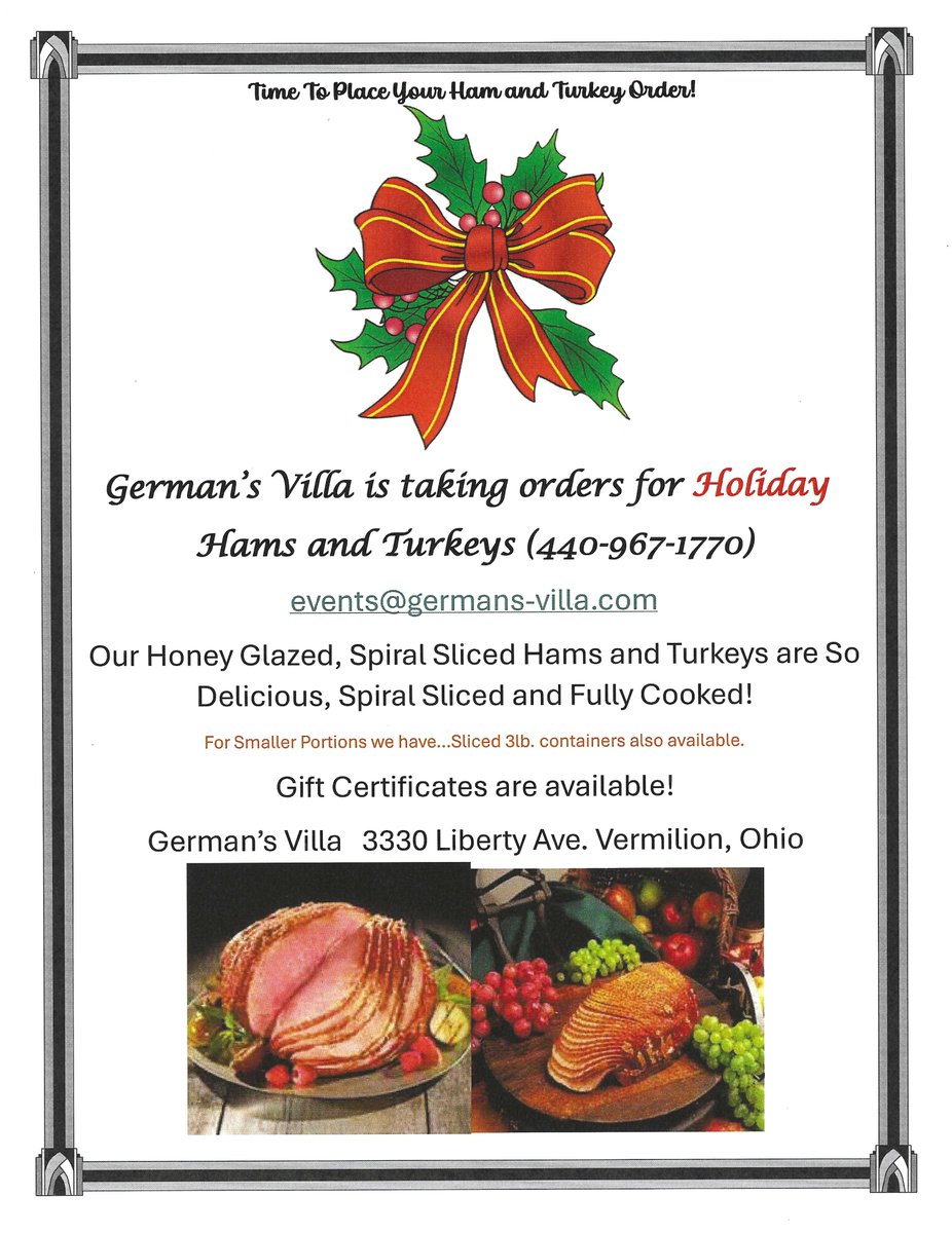 Time to call in your Honey Glazed Turkey and Ham orders!
Christmas is right around the corner.
Give us a call 440-967-1770