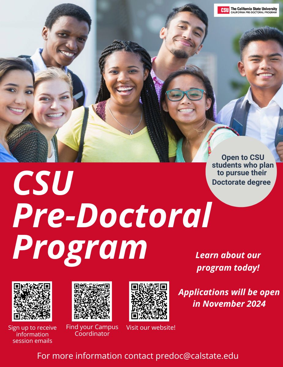 Are you a CSU Student planning to acquire a doctorate degree? The CSU Pre-Doctoral Program provides awards that enable current students to explore and prepare to succeed in doctoral programs in their chosen field of study. More information available at calstate.edu/csu-system/fac…