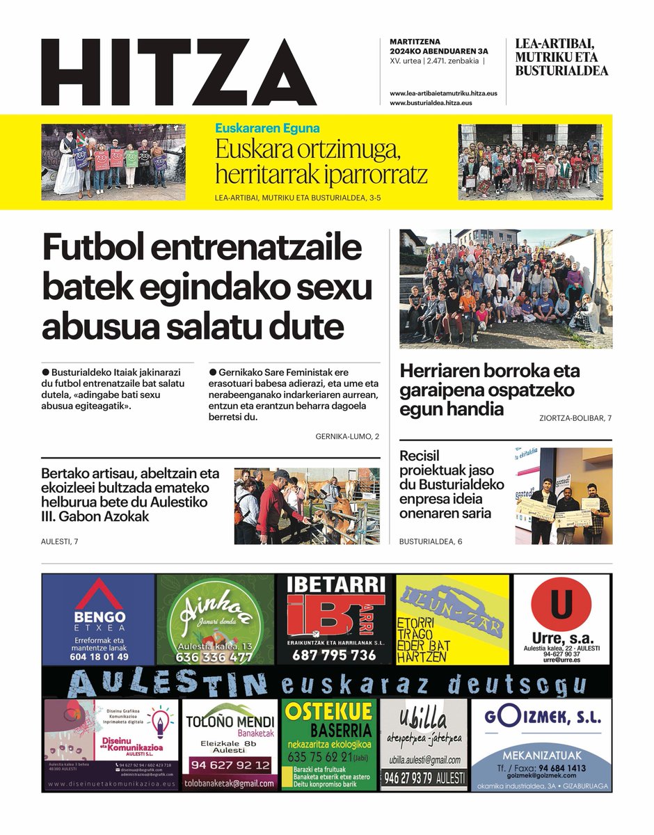 🗞GAURKO AZALA (martitzena, abenduak 3) 👇

– #sexuabusu #sexueraso #salaketa <a href="/Itaia_Busturial/">Busturialdeko Itaia</a> <a href="/GernikaFeminist/">Gernikako Sare Feminista</a>  #EuskararenEguna #365EgunEuskaraz #euskara #ZiortzaBolibar #desanexioa #Busturialdea #ekonomia #enpresa #ideialehiaketa <a href="/GBusturialdea/">Gaztedi Busturialdea</a> #Aulesti #azoka #GabonAzoka –