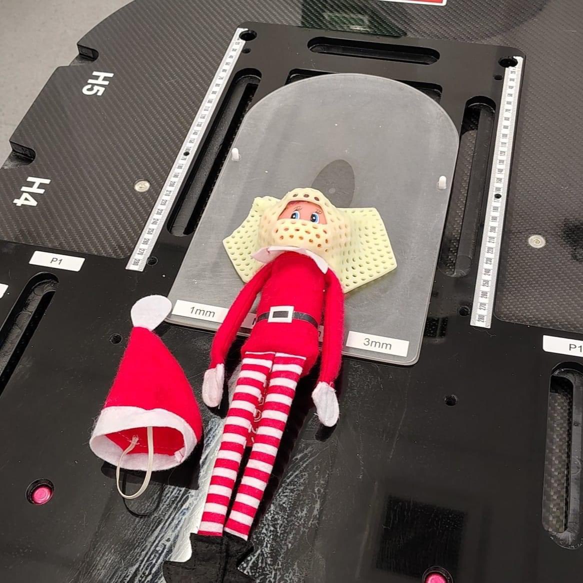 We had Elfie visit the department today helping with staff training. Was a little CLAUStrophobic! TY to Kirsty our radiotherapy physics clinical technologist 🙂 I wonder what Elfie will be doing next?!👀