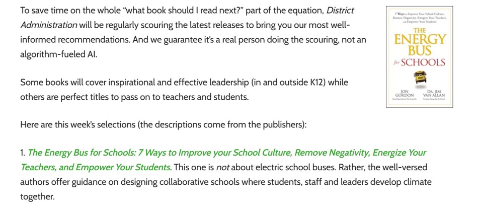 Shoutout to <a href="/DA_magazine/">DA magazine</a> for featuring The Energy Bus for Schools in their article on must-read education books!

Check it out here: districtadministration.com/4-new-educatio…

This inspiring book by <a href="/JonGordon11/">Jon Gordon</a> continues to transform school culture year-round!

energybusforschools.com/ebsbook/
