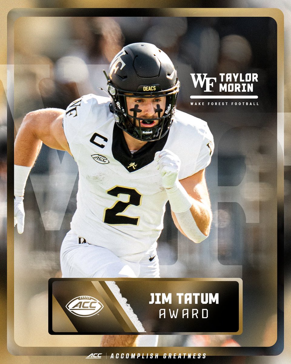 ACC Football (@accfootball) on Twitter photo The 2024 Jim Tatum Award for the Top Senior Student-Athlete in the ACC goes to <a href="/WakeFB/">Wake Forest Football</a> WR - Taylor Morin. ๐ The 2024 Jim Tatum Award for the Top Senior Student-Athlete in the ACC goes to <a href="/WakeFB/">Wake Forest Football</a> WR - Taylor Morin. ๐