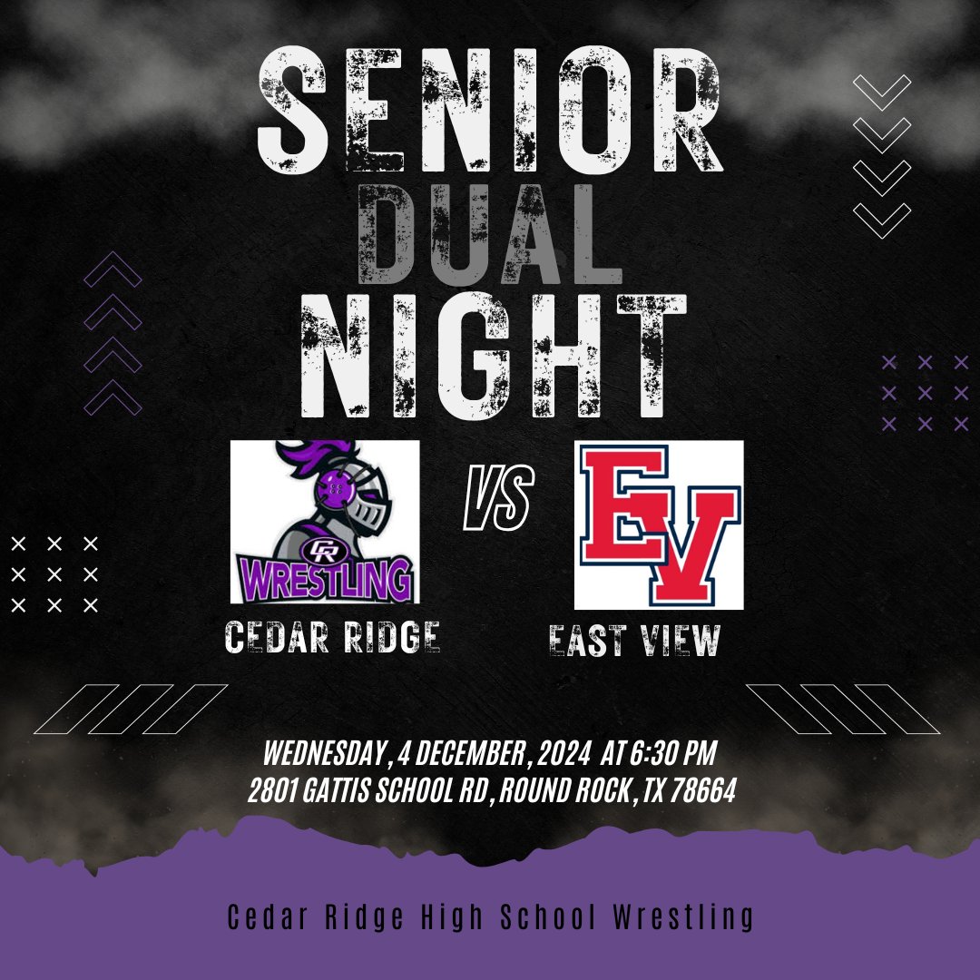 Senior Night! Wednesday December 4th @ 6:30 p.m
Come out and check out your Raiders in our first home Dual! <a href="/CoachSilvas/">Coach Silvas M.S</a> <a href="/CedarRidgeHigh/">CRHS</a> <a href="/crhsraiders/">CRHS Raiders</a>