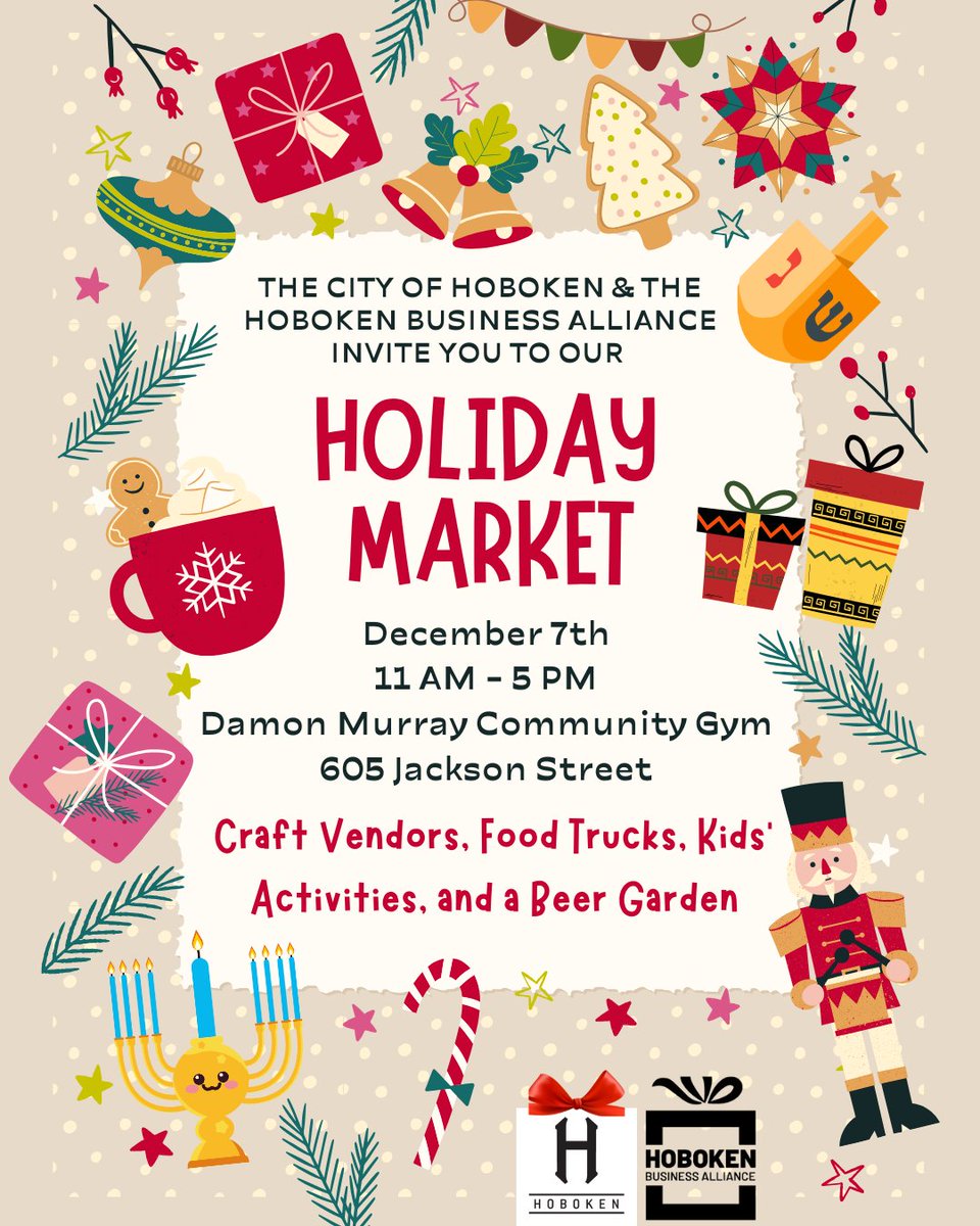 The Hoboken Holiday Market is this weekend! Come shop vendors and crafters, enjoy kids' activities, and a beer garden at the Damon Murray Community Gym on Dec. 7 from 11 a.m. - 5 p.m. through a partnership with the HBA. 
More info: hobokennj.gov/news/celebrate…