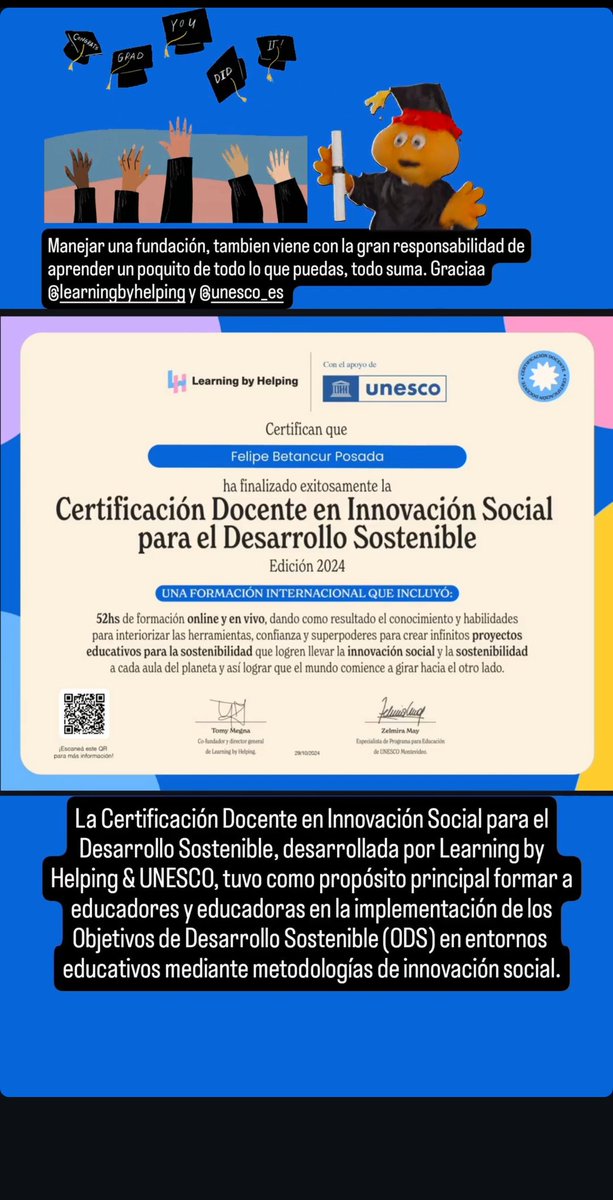 ayudasparatodos's tweet image. Recibimos el diploma que nos certifica por haber finalizado exitosamente la Certificación Docente en Innovacción Social para el Desarrollo Docente, por parte de UNESCO y Learning By Helping.  
#innovacciónsocial #unesco #learningbyhelping #desarrollosostenible