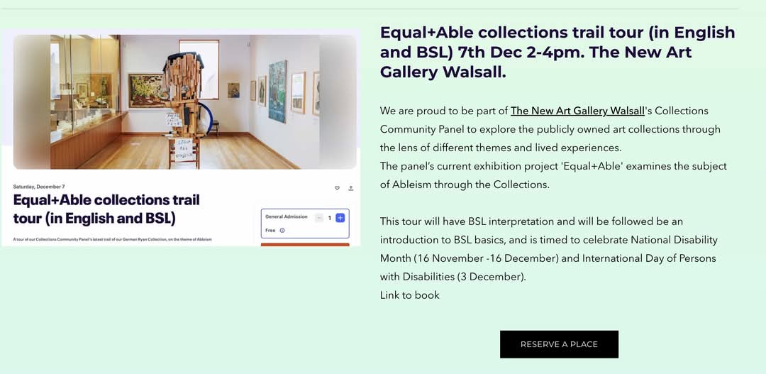 We are leading a #BSL (#BritishSignLanguage) tour of the collections at <a href="/newartgallery/">TheNewArtGalleryWalsall</a> #Walsall this Saturday December 7 at 2-3pm. Followed by some BSL basics tuition at 3-4pm.

All are welcome and places are free - but please register them here:
bit.ly/41aned5