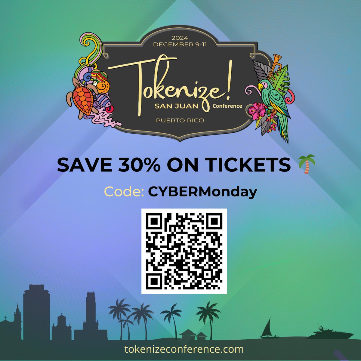 TokenizeCon's tweet photo. If you missed the Black Friday sale, you have a second chance to save on tickets for #TokenizeConference San Juan, PR next week!
Save 30% on tickets through this weekend with the code CYBERMonday below! https://t.co/N20bbWiRCw