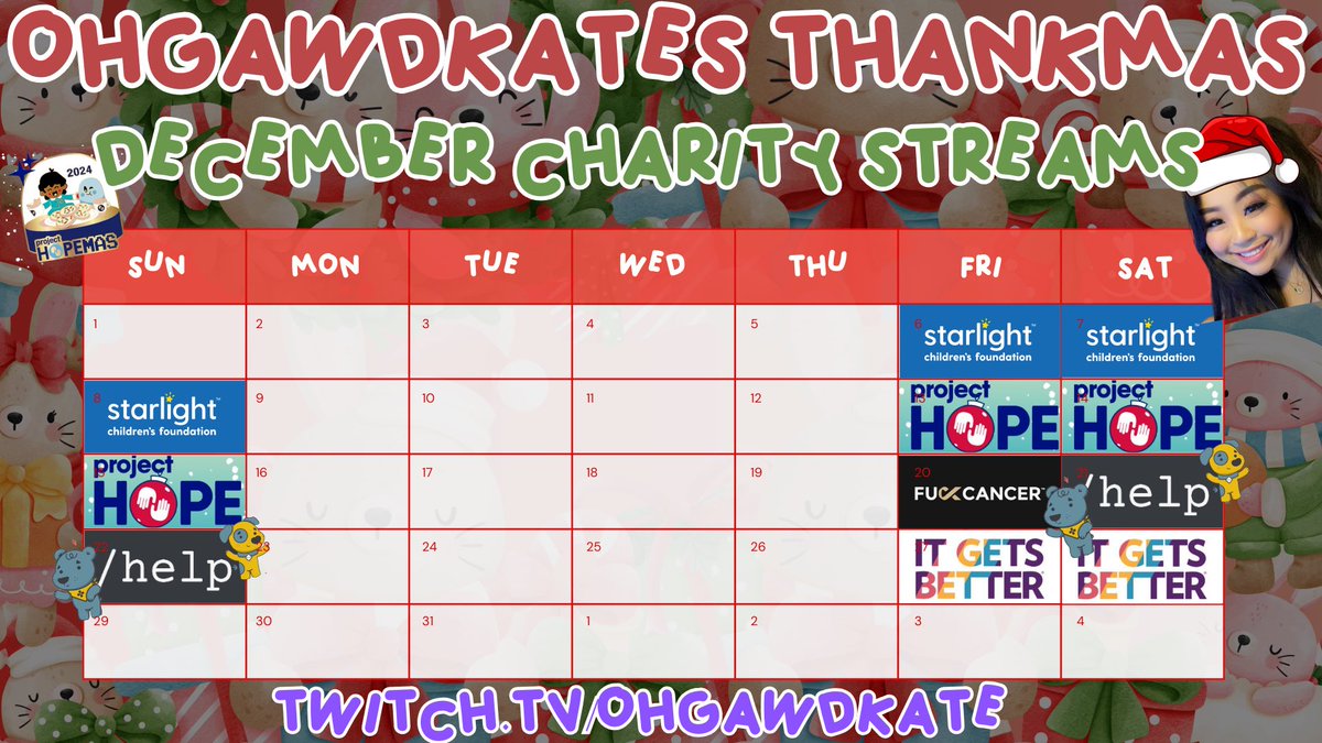 QoR Ohgawdkate☀️🍉 (@ohgawdkate) on Twitter photo happy december! 🎄🎉
starting dec 1-31, we’ll be fundraising for <a href="/StarlightUS/">starlightUS</a> <a href="/projecthopeorg/">Project HOPE</a> <a href="/letsfcancer/">Fuck Cancer</a> <a href="/fwd_slash_help/">/help</a> <a href="/ItGetsBetter/">It Gets Better</a>!
super excited to be hosting charity streams throughout the month of december to give back to the non profits and communities who always happy december! 🎄🎉
starting dec 1-31, we’ll be fundraising for <a href="/StarlightUS/">starlightUS</a> <a href="/projecthopeorg/">Project HOPE</a> <a href="/letsfcancer/">Fuck Cancer</a> <a href="/fwd_slash_help/">/help</a> <a href="/ItGetsBetter/">It Gets Better</a>!
super excited to be hosting charity streams throughout the month of december to give back to the non profits and communities who always