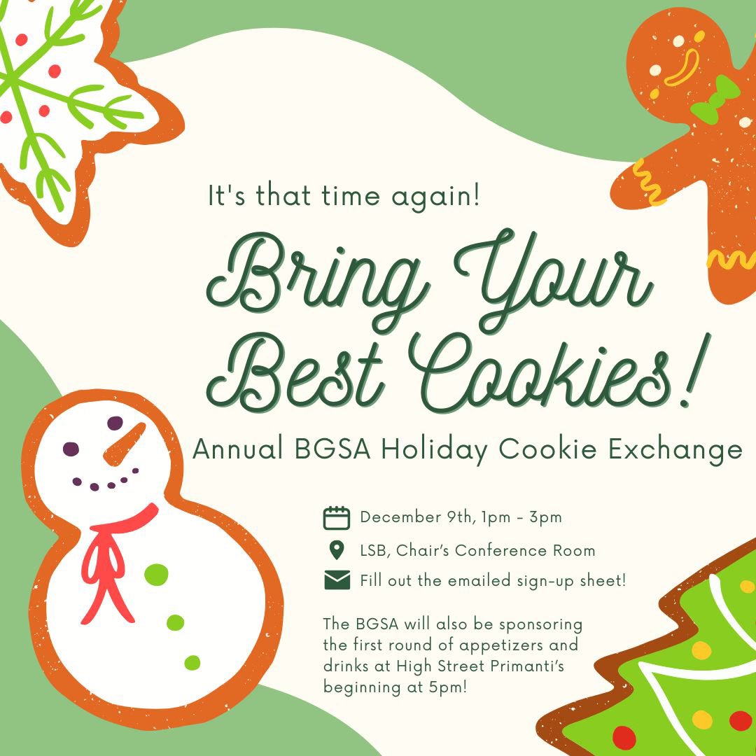 wvu_bgsa's tweet photo. Time to get in the holiday spirit! The annual BGSA cookie exchange will be held on Monday, December 9th from 1-3pm. This year, the BSGA is also sponsoring drinks &amp; appetizers at our Primanti’s happy hour starting at 5pm. We hope to see you there! https://t.co/7dYxGCTrmv