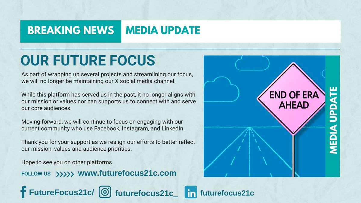 Future Focus21c (@futurefocus21c) on Twitter photo As part of wrapping up several projects and streamlining our focus, we will no longer be maintaining our X social media channel. Wishing you all well for the end of the year and into the future! As part of wrapping up several projects and streamlining our focus, we will no longer be maintaining our X social media channel. Wishing you all well for the end of the year and into the future!