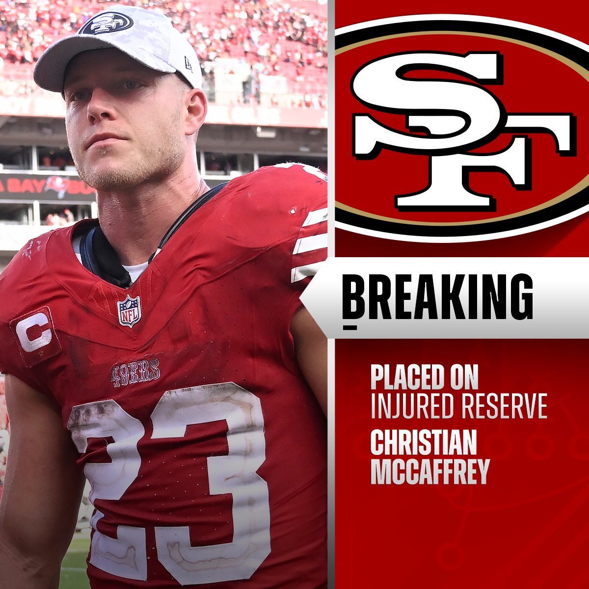 49ers HC Kyle Shanahan says RB Christian McCaffrey (knee) will go on injured reserve and will be out "at least 6 weeks."