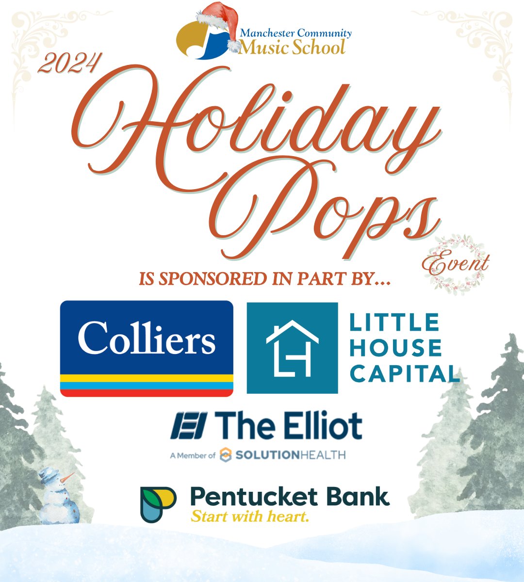A huge thank you to our amazing sponsors for making Holiday Pops 2024 possible! 
@colliers_nh 
@littlehousecapital
@elliothealthsystem 
@pentucketbank 
We can’t wait to see you all there! 🎉