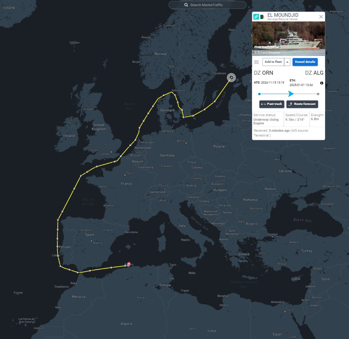 Springbok1973's tweet photo. WHAT THE "HULL"?
Research ship EL MOUNDJID🇩🇿 saliendo del callejón del Báltico, from St Petersburg?
¿Qué hará un buque oficial argelino ahí?
El #YANTAR🇷🇺 sigue en Argel.
RS EL MOUNDJID leaving the Gulf of 🇫🇮. What the hell is an 🇩🇿 navy ship doing up there?
#PescandoCables https://t.co/scdNG6QfVs