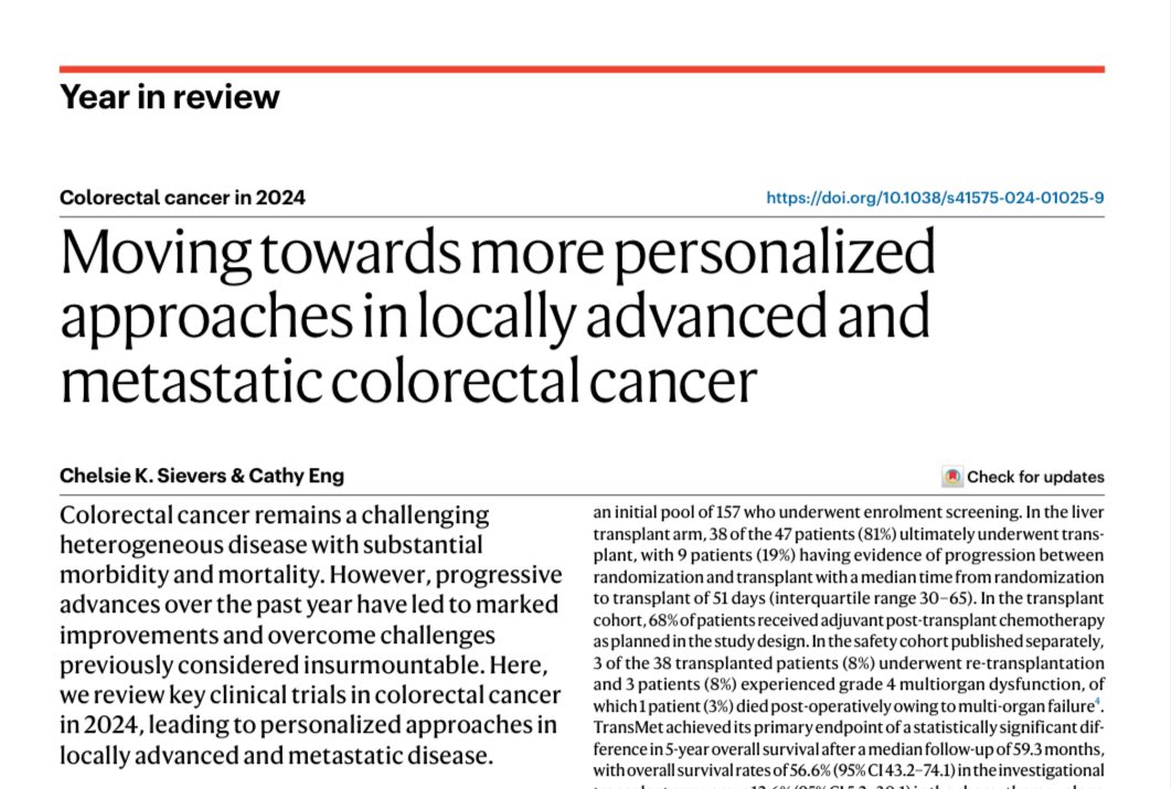 2024 year in review out now highlighting the three most impactful clinical trials in colorectal cancer this past year:

nature.com/articles/s4157…