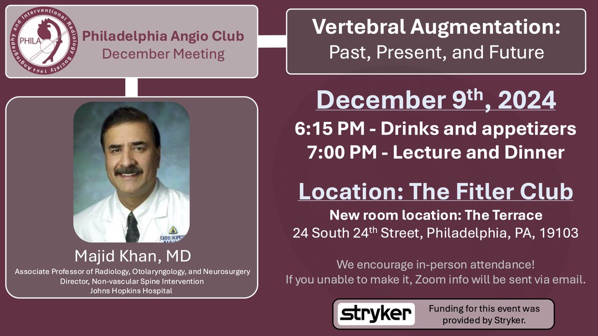 Looking forward to Dr. Majid Khan joining us for our meeting on December 9th to discuss vertebral augmentation! Hoping to see our Philly IR colleagues there!