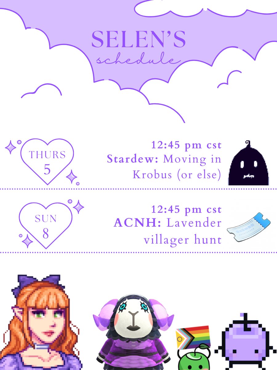 ☁️🪻 Schedule alert!! This Thursday, we don't end stream until we move Krobus into our Lavender Stardew Farm!!! On Sunday, we continue our ACNH hunt for Muffy, Mallory, or Static!! Can we finally break our bad luck spell? 💜