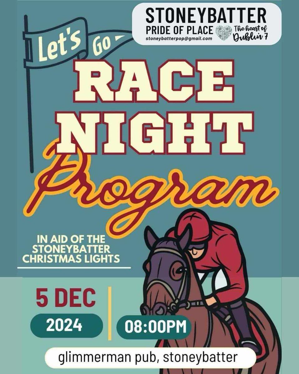 Hold your Horses and giddy up to Race Night this Thurs!
🗓 Thurs 5 Dec
⏰️ 8pm
📍 The Glimmer Man @theglimmermand7 
In aid of #stoneybatterchristmas lights 🌟
Race Commentator <a href="/EdSmithington/">ED SMITH</a> 
Super prizes! 
€2 bets
Pls RT &amp; let your neigh-bours know