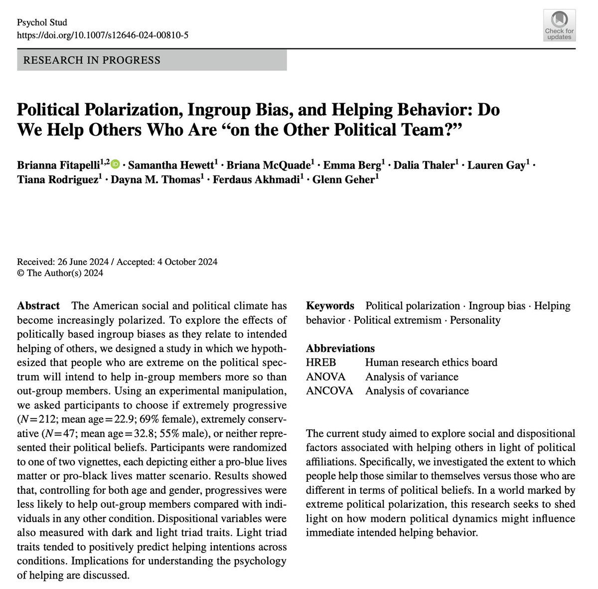 New research: Progressives were least likely to help out-group members compared to all other political orientations. Also, those scoring higher on the light triad test I helped develop were more likely to help out-group members regardless of politics. link.springer.com/content/pdf/10…