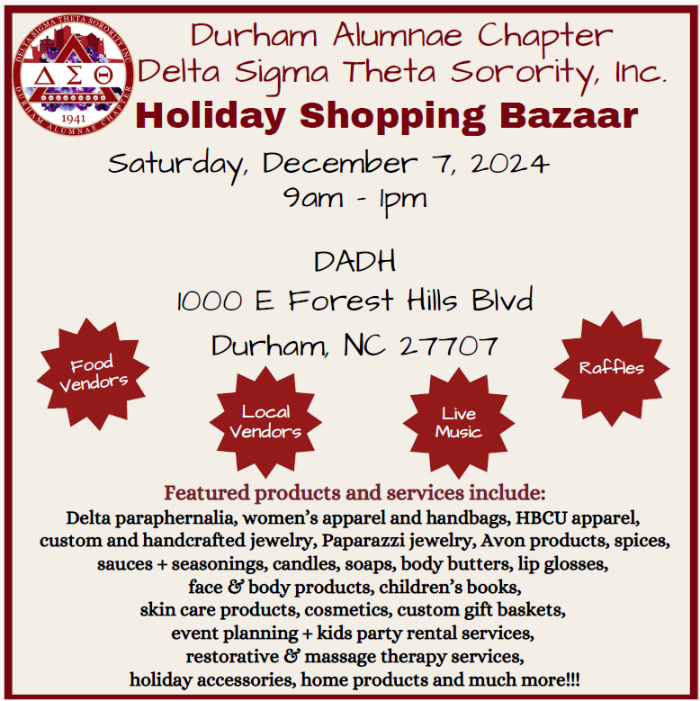 This weekend STOP by DADH to SHOP the stores at our annual Holiday Shopping Bazaar. The event is free, open to the public on Sat., 12/7/2024 at 9am - 1pm. For questions, contact economicdev@durhamdst.org or (919) 214-1463.