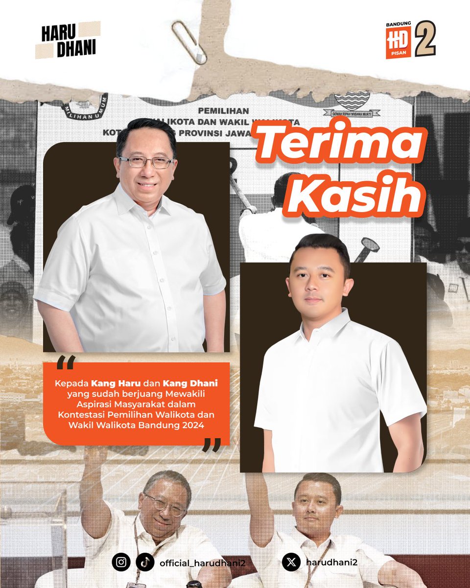HaruDhani2's tweet photo. Terimakasih Kepada Kang Haru dan Kang Dhani yang sudah berjuang Mewakili Aspirasi Masyarakat dalam Kontestasi Pemilihan Walikota dan Wakil Walikota Bandung 2024 https://t.co/yGWegVtk0D