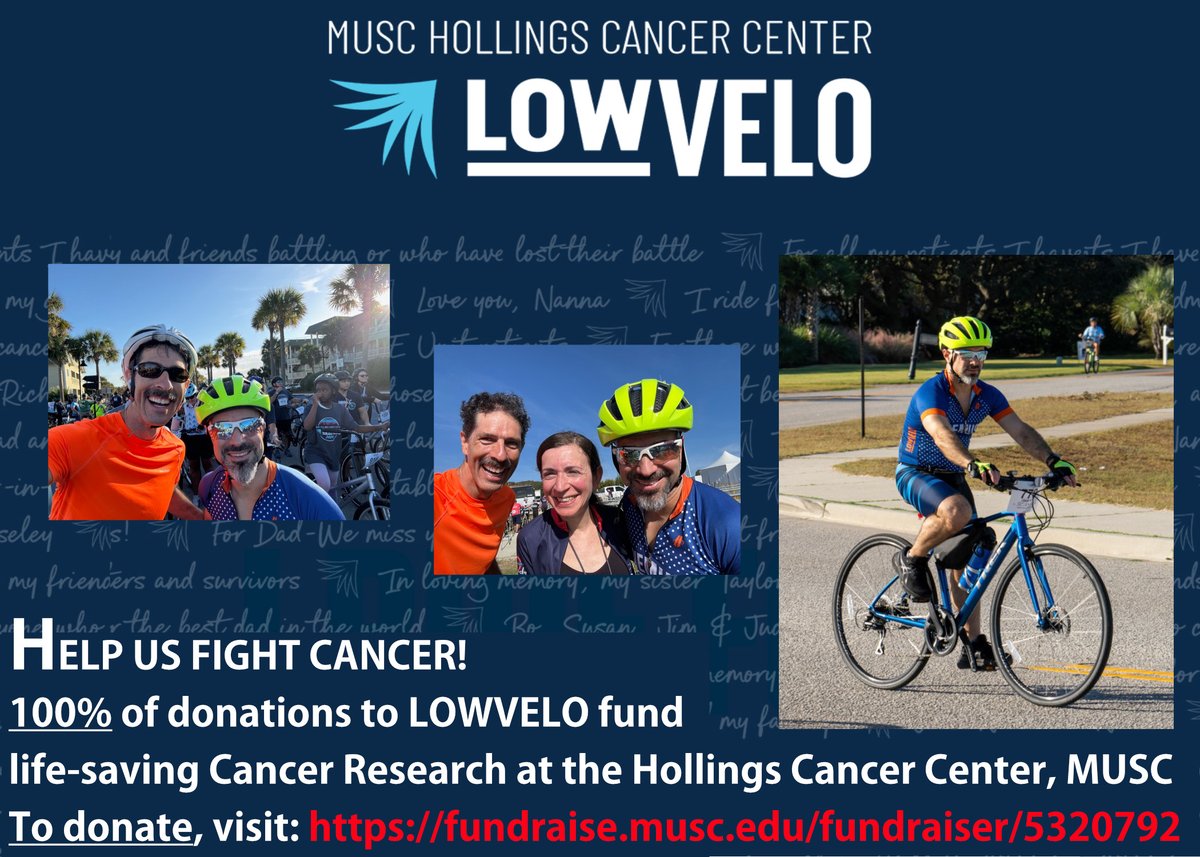 The <a href="/lowvelo/">LOWVELO</a> <a href="/muschollings/">MUSC Hollings Cancer Center</a> ride was lots of fun together with my amazing colleagues Don Rockey, <a href="/GugliettaLab/">GugliettaLab</a> and &gt;1900 bike riders! However, the battle to fight #cancer continues! Help me reach my fundraising goal on #GivingTuesday! Donate here: fundraise.musc.edu/fundraiser/532…