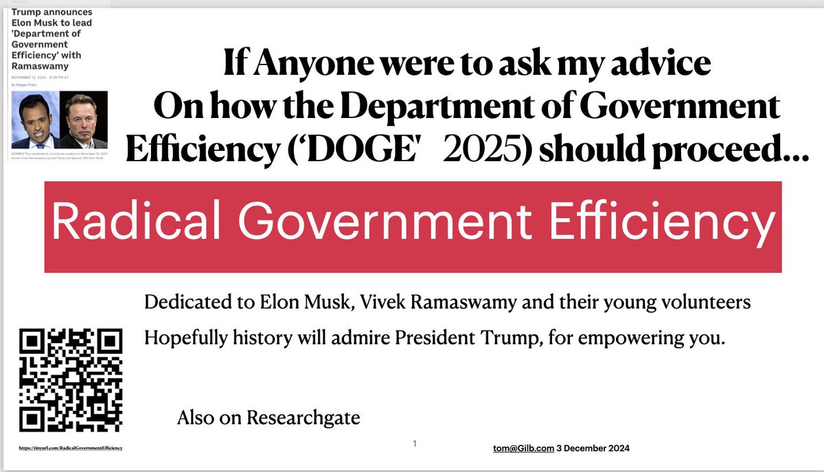 imtomgilb's tweet photo. Radical Government Efficiency (Paper)
A suggestion for the DOGE
https://t.co/aqsoUo4uVf
#DOGE #Musk #VivekRamaswamy #Values #Principles #EVO #IET #Planguage https://t.co/JkEBBixkt6