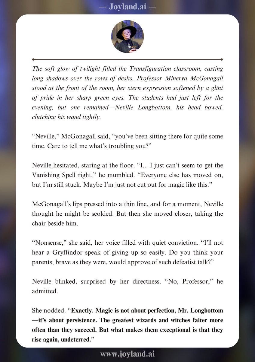 joylandai's tweet image. “Nothing wrong with your work except lack of confidence.”
Minerva McGonagall from Harry Potter: joyland.ai/chat/mxVJ?ref=…

#joylandai #McGonagall #professor #AIchatbot #foryou #fypシ