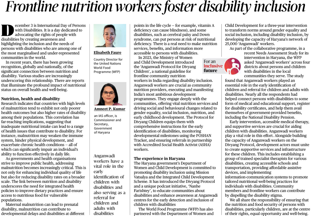 UNWFP_India's tweet photo. To mark #IDPD2024, @Elisabeth_WFP of @UNWFP_India &amp; @amneet_p of @wcd_haryana have co-authored an Op-ed in @the_hindu to underscore the importance of frontline #nutrition workers fostering #disability #inclusion. 
@WFP @WFPAsiaPacific
@RupinMahiyaria @AraSriv @parvindersingh1 https://t.co/WjWXBM5TcR