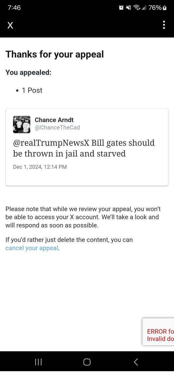 ChanceTheCad's tweet photo. @elonmusk thought this app was for free speech. Can't even state my opinion about someone who has 100,000s of deaths on his hands? https://t.co/OWaHv0syNB