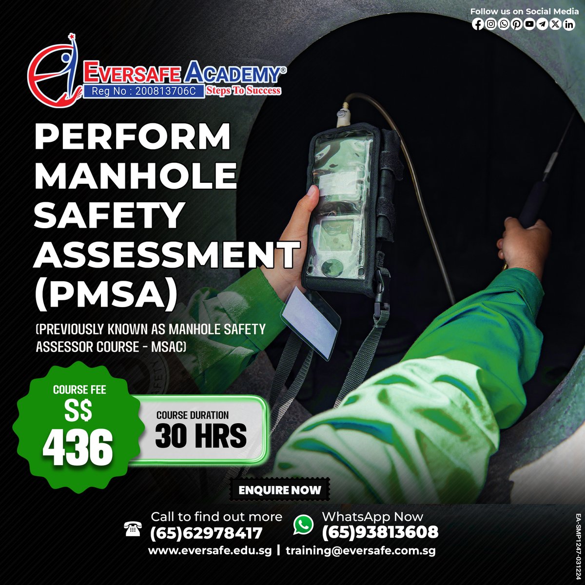 EversafeAcademy's tweet image. 𝐏𝐄𝐑𝐅𝐎𝐑𝐌 𝐌𝐀𝐍𝐇𝐎𝐋𝐄 𝐒𝐀𝐅𝐄𝐓𝐘 𝐀𝐒𝐒𝐄𝐒𝐒𝐌𝐄𝐍𝐓 (𝐏𝐌𝐒𝐀)
✅ WhatsApp: 📱 bit.ly/3JKmp0J
✅ Call: 📞 +6562978417
✅ Website: 🌐 eversafe.edu.sg
#ManholeSafety #ConfinedSpaceSafety #SafetyTraining #EversafeAcademy #WorkplaceSafety #PMSACourse