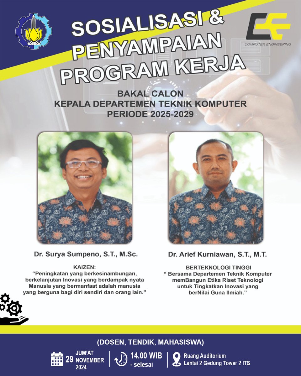 computer_its's tweet photo. Pada hari Jumat, 27 November 2024, Departemen Teknik Komputer ITS mengadakan acara Sosialisasi Program Kerja Bakal Calon Kepala Departemen Teknik Komputer. 

Acara berlangsung di Ruang Auditorium Lantai 2 Gedung Tower 2 ITS ini dihadiri oleh berbagai elemen civitas akademika. https://t.co/wEhfsVlcjX