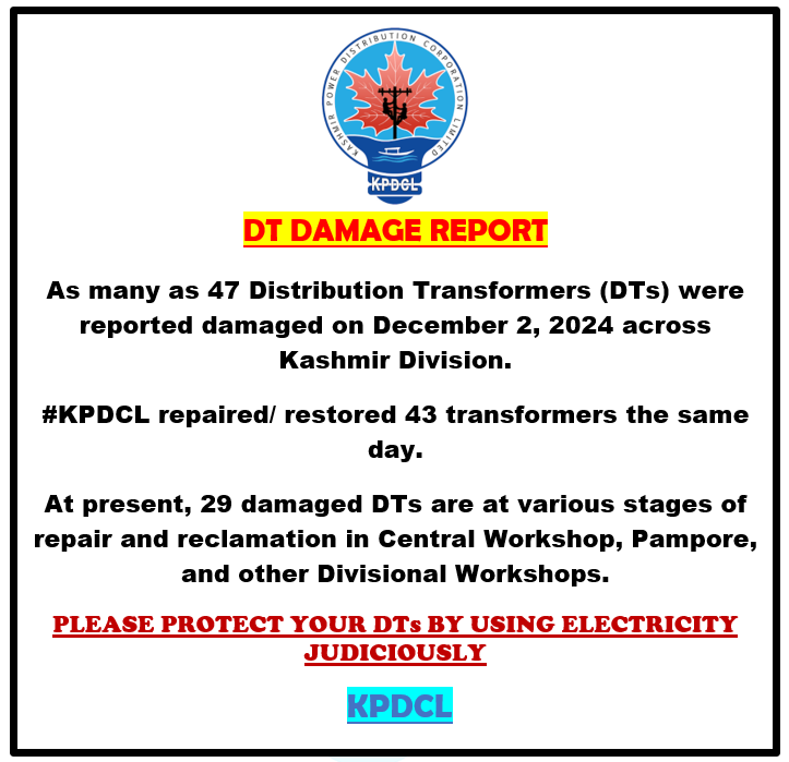 kpdcloffice's tweet photo. #KPCL urges its esteemed consumers to protect DTs in their locality from damage, to avoid outages in peak winter.   🙏 
@diprjk @OfficeOfLGJandK @nasirsogami @DullooAtal @GreaterKashmir https://t.co/x49aKRRvsK