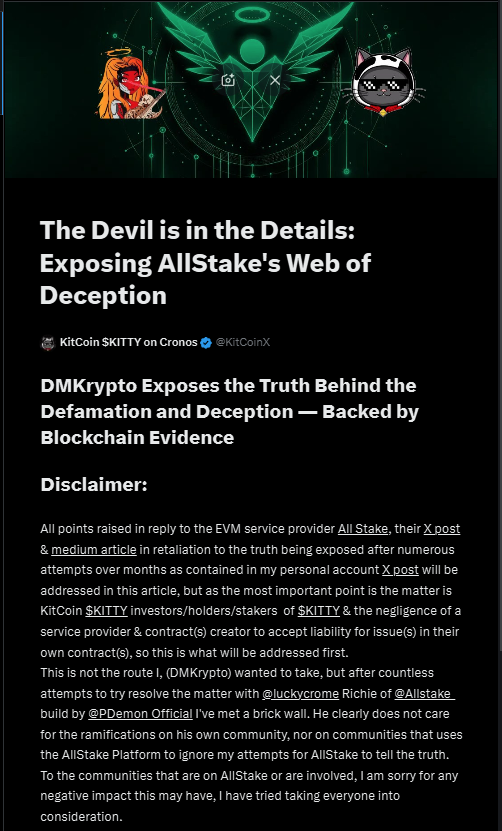 So <a href="/Allstake_/">🔥ALLSTAKE🔥</a> &amp; <a href="/PDemon_Official/">Pocket Demons -Hellian Mint live!!!</a> do we need to release a full article or are you willing to admin that $1400 worth of #KitCoin $KITTY was indeed owed to holders as per <a href="/DMKrypto/">DMKrypto</a> tweet? You tried to mislead people, you tried to distract people. Are you ready to tell the TRUTH?