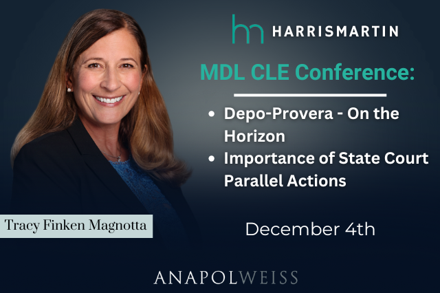 AnapolWeiss's tweet photo. Tracy Finken Magnotta of Anapol Weiss will be speaking at the HarrisMartin Publishing MDL CLE Conference on December 4th, 2024.

She’ll dive into two topics:

➡️ Depo-Provera – On the Horizon
➡️ The Importance of State Court Parallel Actions

Learn more: https://t.co/0l30rwUale https://t.co/eT6WRz7EAd